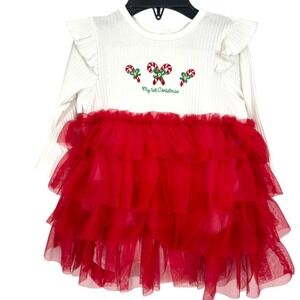 Baby Girl White Long Sleeve Candy Cane My 1st Christmas Dress Red Tulle Ruffle